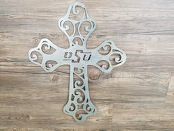 Oklahoma State University Cross With OSU logo (Can do any team!) (Home Decor, Football, Sports, Wall Art, Metal Art)