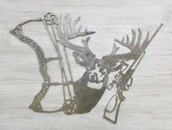 Deer Head With Bow & Rifle (Home Decor, Wall Art, Metal Art)