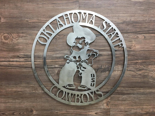 Oklahoma State Cowboys Cirlce With Pistols Firing Pistol Pete (OSU,Home Decor, Football, Sports, Wall Art, Metal Art)