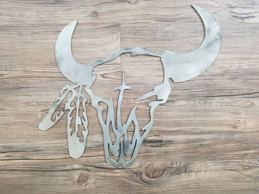 Cow Skull With Feathers (Home Decor, Wall Art, Metal Art)