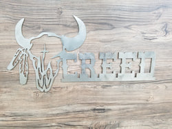 Cow Skull With Feathers & Name (Home Decor, Wall Art, Metal Art)