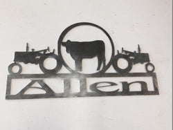 Farm Tractor With Cow in cirlcle & Name (Home Decor, Wall Art, Metal Art, Can Be Personalized)