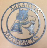 Arkansas Razorbacks Circle With Family Name Woo Pig Sooiee(Home Decor, Football, Sports, Wall Art, Metal Art, {Can Be Personalized})