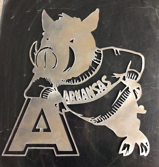 Arkansas Razorbacks Logo Leaning on A (Home Decor, Football, Sports, Wall Art, Metal Art)