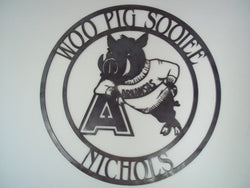 Arkansas Razorbacks Circle With Family Name Woo Pig Sooiee(Home Decor, Football, Sports, Wall Art, Metal Art, {Can Be Personalized})